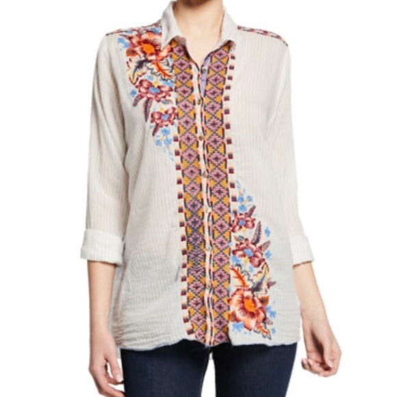 Johnny Was Tops - Johnny Was Caila Striped Blouse Floral Embroidery